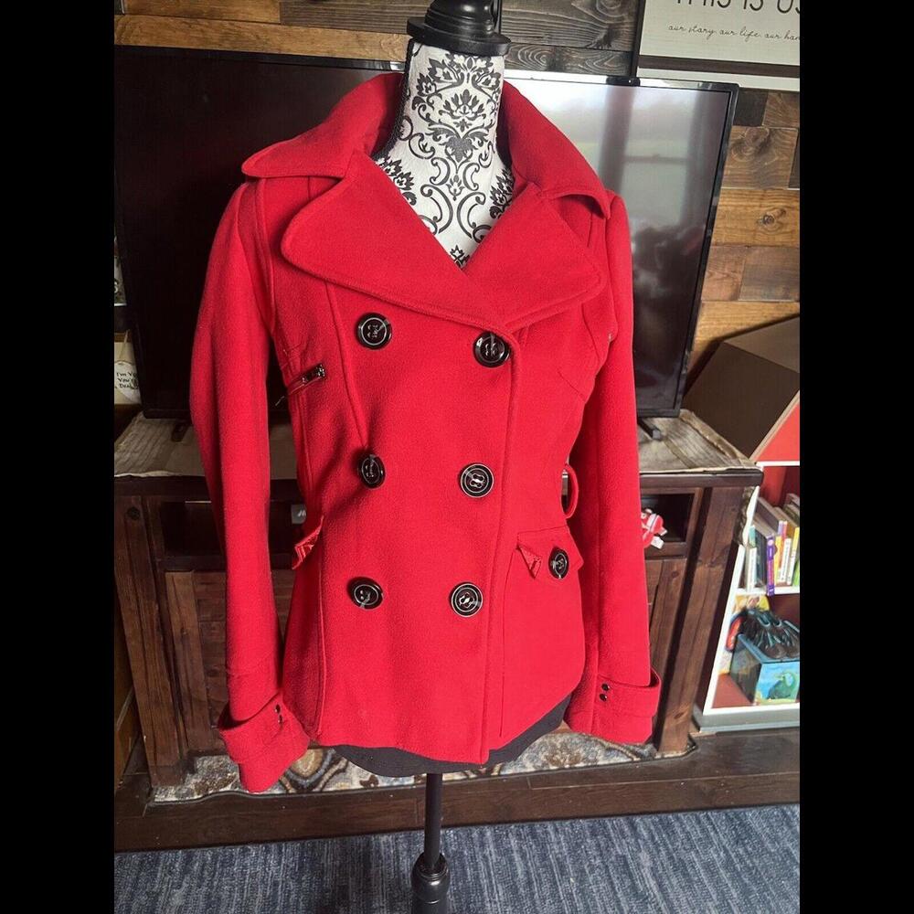 Gorgeous Red Maralyn &‎ Me Pea Coat W/ Hood And Double Buttons - Medium